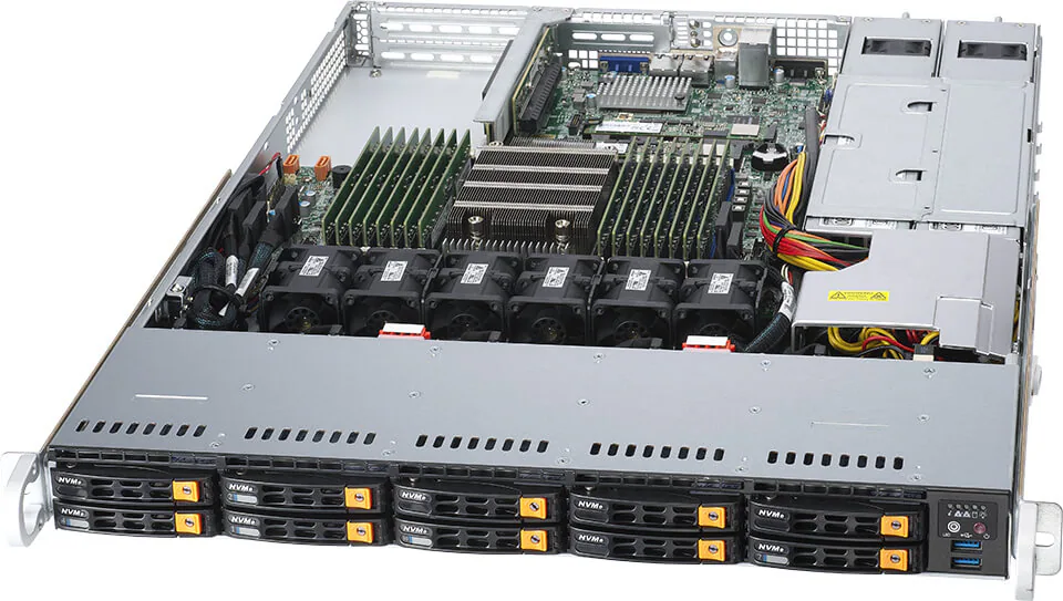 Servidor Supermicro A+ AS-1114S-WN10RT 1U com 10 Baias NVMe, AMD EPYC, 16 DIMMs DDR4, 10GbE