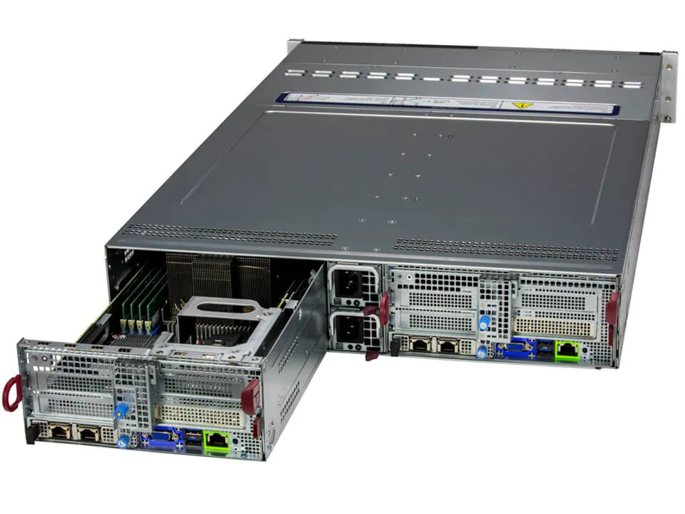 Servidor Supermicro BigTwin SYS-221BT-DNC8R 2U 2 Nós, 24x NVMe/SAS/SATA, Suporte Xeon 5ª Geração, até 8TB DDR5 ECC