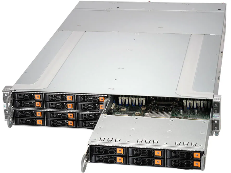 Servidor Supermicro GrandTwin SYS-211GT-HNC8R 2U 4 Nós, Intel Xeon 5ª/4ª Geração, 6x NVMe/SAS/SATA por Nó